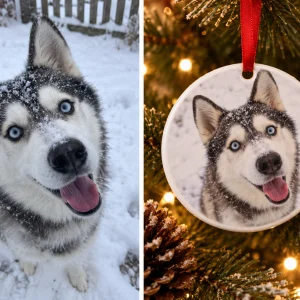 Husky photo turned into a custom Christmas dog ornament, before and after — MyDogPics
