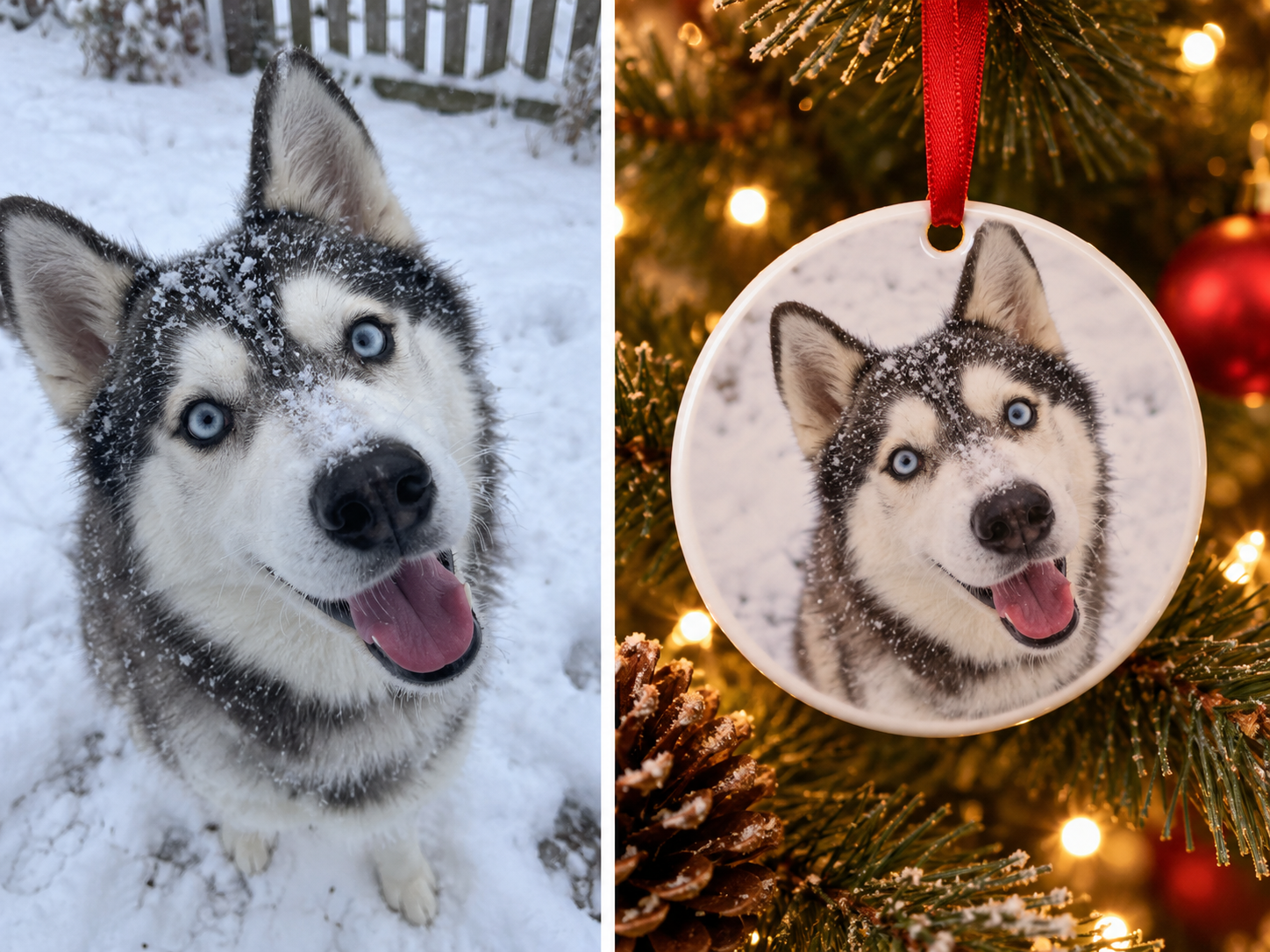 Husky photo turned into a custom Christmas dog ornament, before and after — MyDogPics