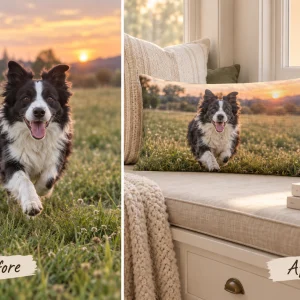 Border collie photo turned into a custom lumbar pillow, before and after — MyDogPics