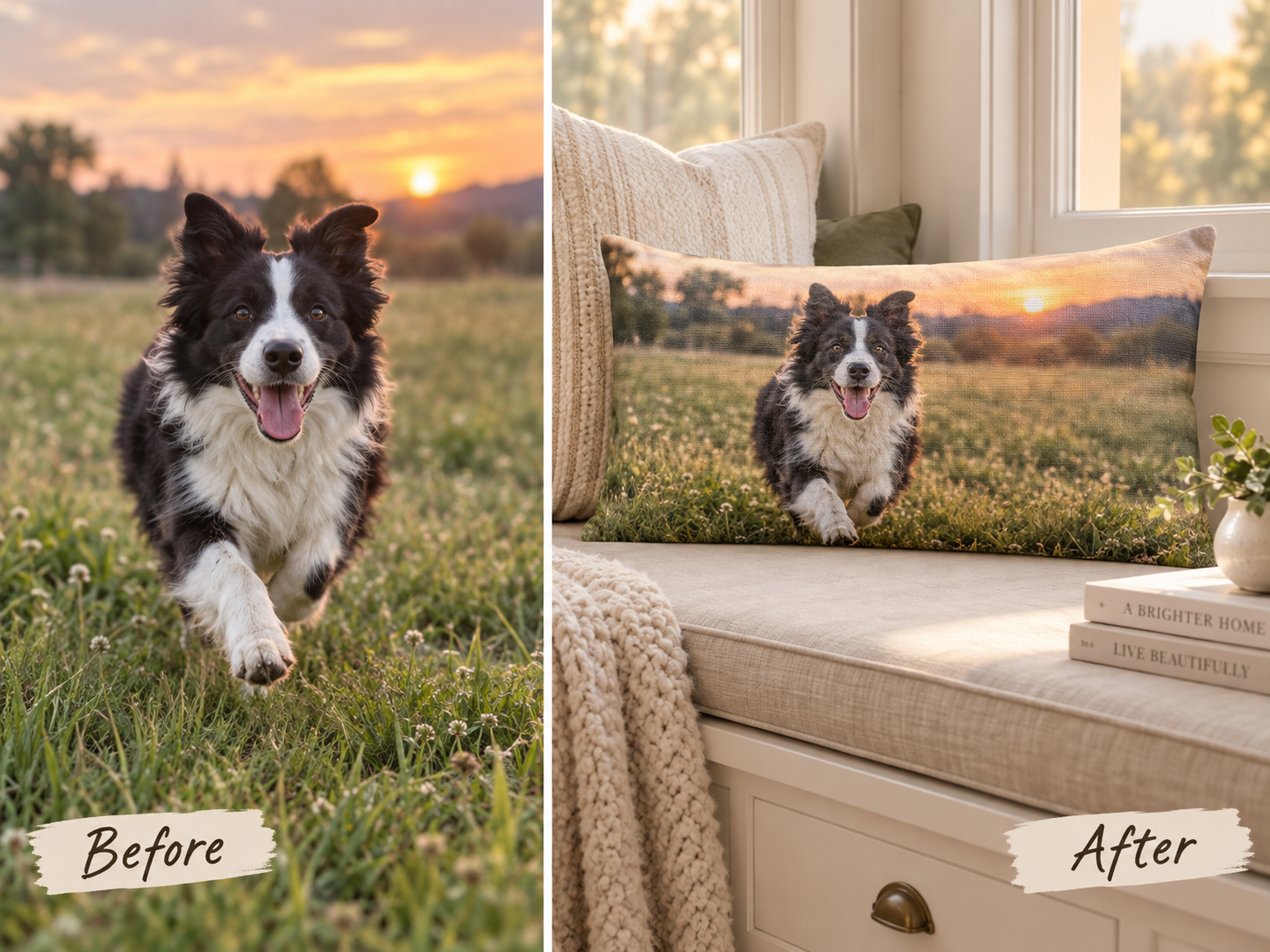 Border collie photo turned into a custom lumbar pillow, before and after — MyDogPics