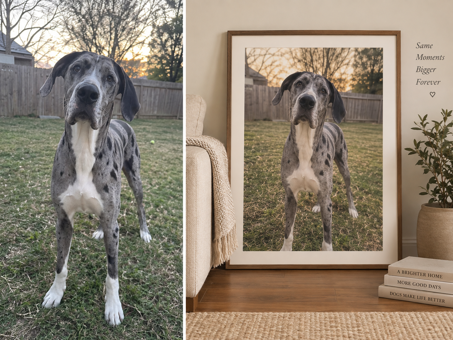 Great Dane photo turned into a framed custom dog portrait, before and after — MyDogPics