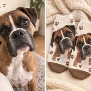 Boxer photo turned into custom dog face socks, before and after — MyDogPics