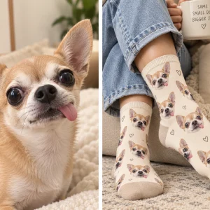 Person wearing custom dog face socks printed with a chihuahua's photo — MyDogPics