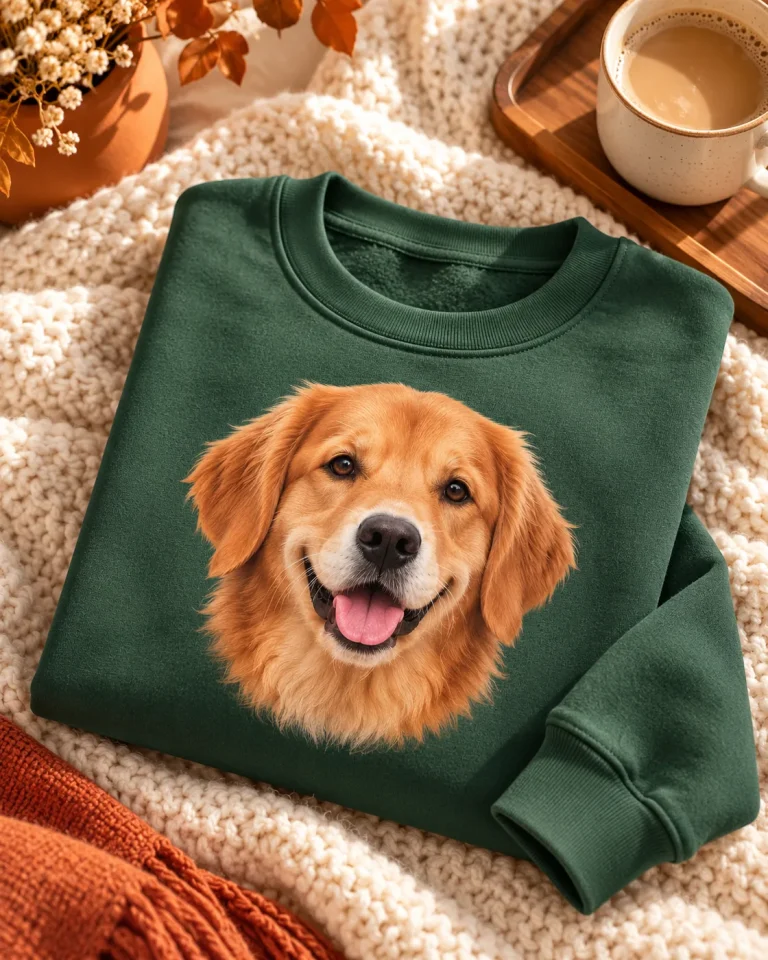Folded dog face sweatshirt printed from a photo, the alternative to an embroidered dog sweatshirt