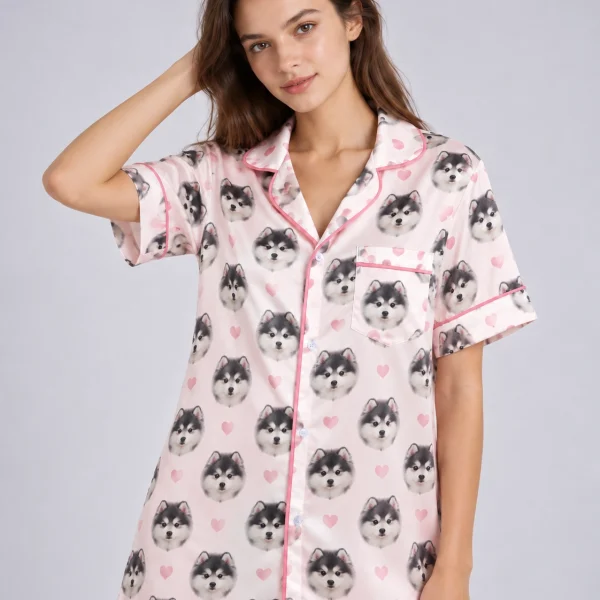 Close-up of the custom nightgown print: fluffy black-and-white puppy faces on blush pink satin with hearts — MyDogPics