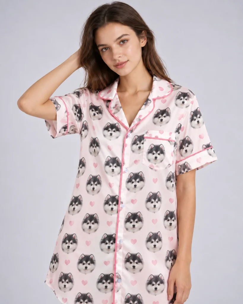 Close-up of the custom nightgown print: fluffy black-and-white puppy faces on blush pink satin with hearts — MyDogPics