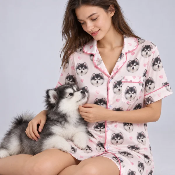 Woman in a custom nightgown cuddling her fluffy puppy — MyDogPics
