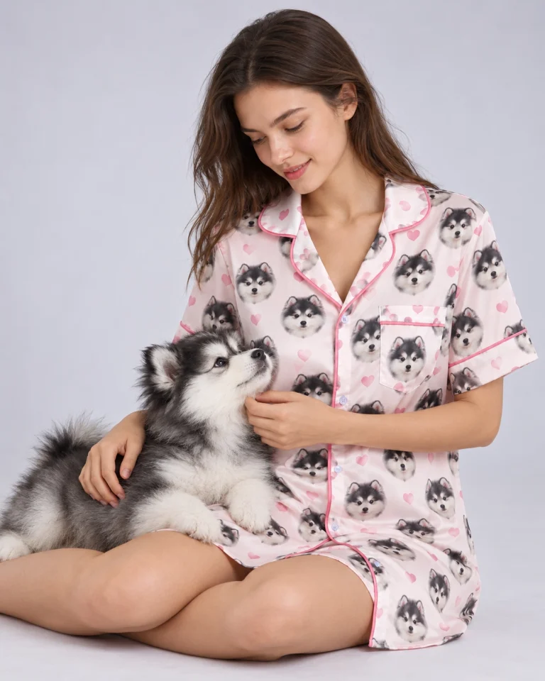 Woman in a dog-face satin nightgown cuddling her fluffy puppy, mom and dog matching pajamas at home — MyDogPics