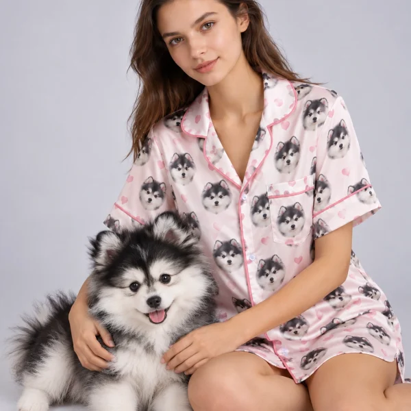 Woman in a custom nightgown cuddling her fluffy puppy — MyDogPics