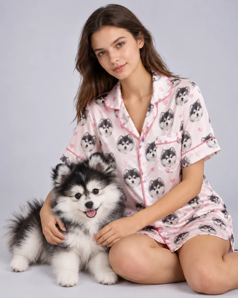 Woman in a custom nightgown cuddling her fluffy puppy — MyDogPics
