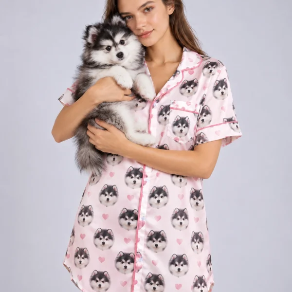 Woman in a custom nightgown holding her fluffy puppy — MyDogPics