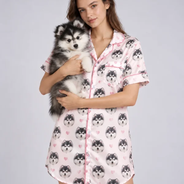 Woman in a custom nightgown holding her fluffy puppy — MyDogPics