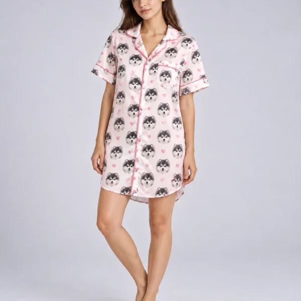 Woman posing in a custom nightgown, fluffy black-and-white puppy faces on blush pink satin with hearts — MyDogPics