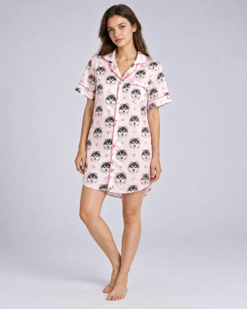 Woman posing in a custom nightgown, fluffy black-and-white puppy faces on blush pink satin with hearts — MyDogPics
