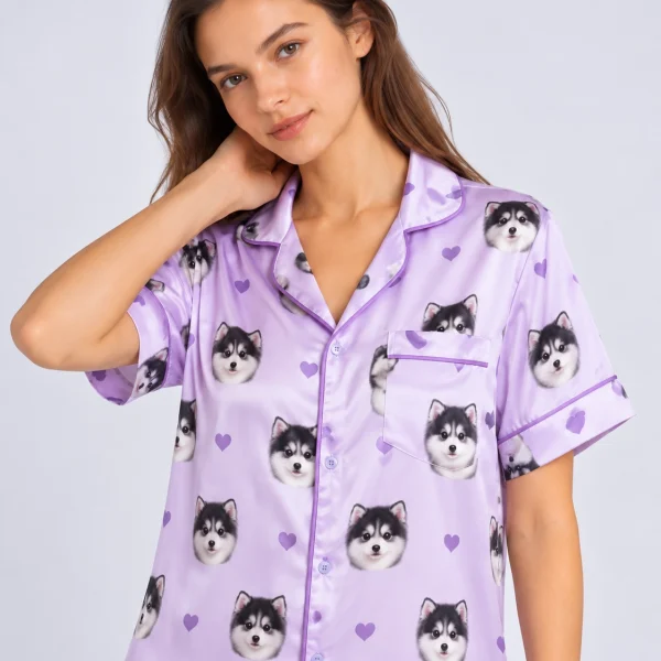 Close-up of the custom nightgown with photo print with fluffy black-and-white puppy faces — MyDogPics