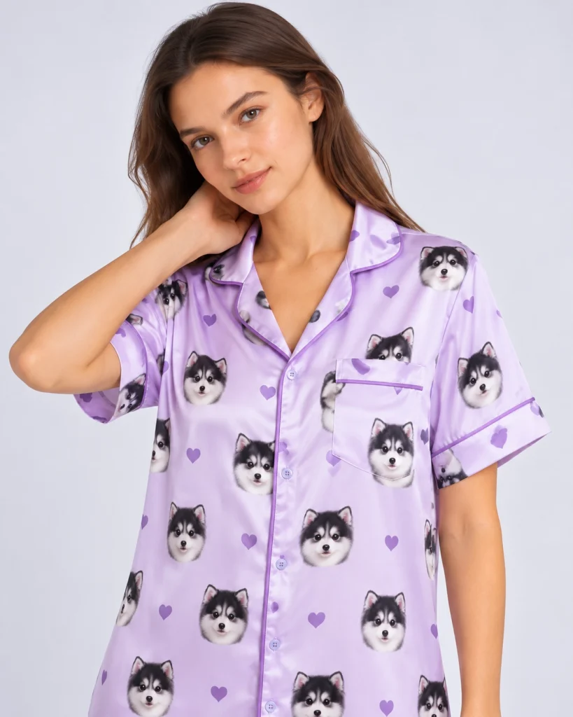 Close-up of the custom nightgown with photo print with fluffy black-and-white puppy faces — MyDogPics