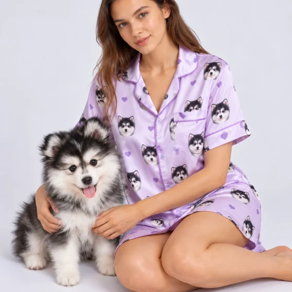 Woman in a custom nightgown with photo cuddling her fluffy puppy — MyDogPics