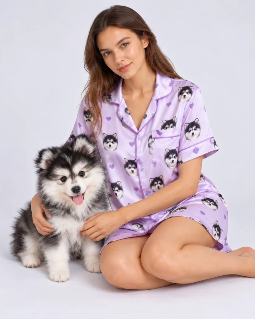 Woman in a custom nightgown with photo cuddling her fluffy puppy — MyDogPics