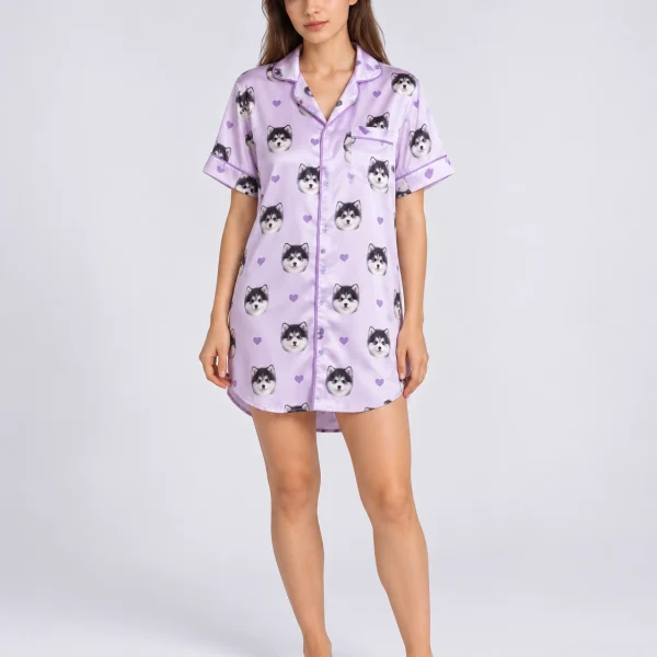 Woman wearing a custom nightgown with photo covered in fluffy black-and-white puppy faces — MyDogPics