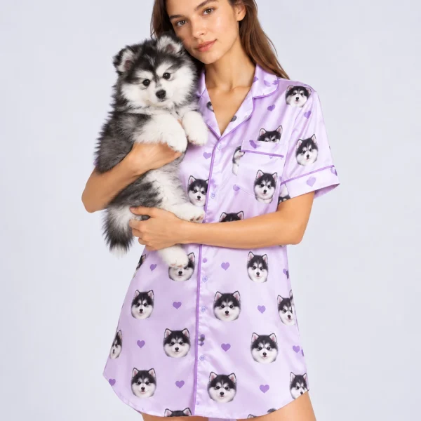 Woman in a custom nightgown with photo holding her fluffy puppy — MyDogPics