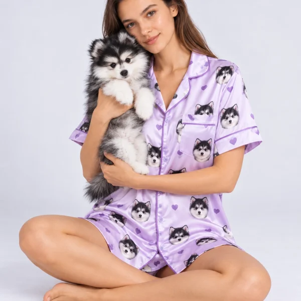 Woman in a custom nightgown with photo holding her fluffy puppy — MyDogPics