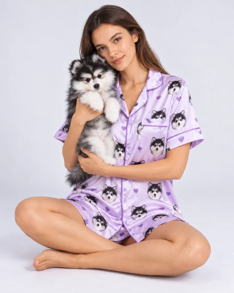 Dog owner in a satin nightgown printed with her puppy's face, holding the puppy: one of the best gifts for dog owners