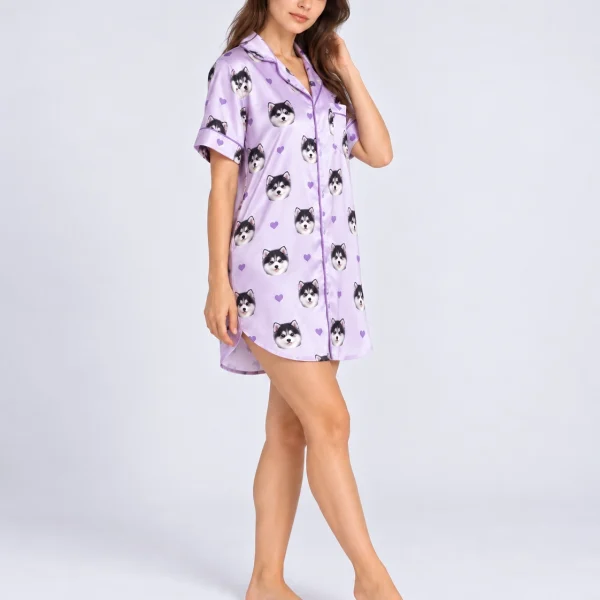 Side view of a custom nightgown with photo with fluffy black-and-white puppy faces on lavender satin with hearts — MyDogPics