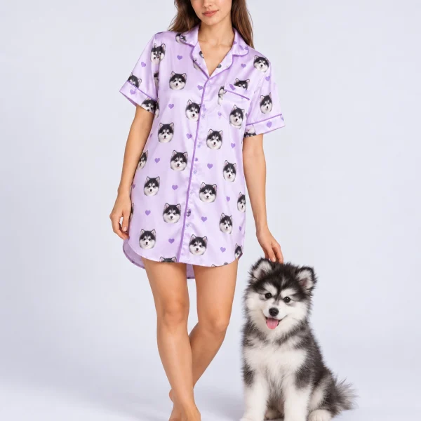 Woman in a custom nightgown with photo standing next to her fluffy puppy — MyDogPics