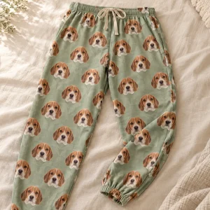 Back view of custom pajama pants printed with a beagle's face — MyDogPics