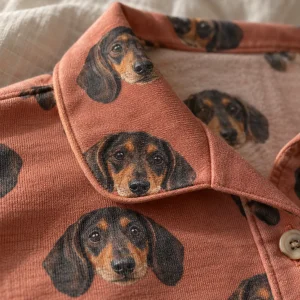 Collar and button detail on a custom pajama set printed with a dachshund's face — MyDogPics