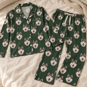 A custom pajama set in knit fabric printed with a husky's face — MyDogPics
