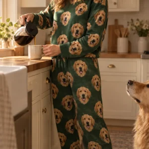 A custom pajama set worn at a kitchen counter, printed with a golden retriever — MyDogPics