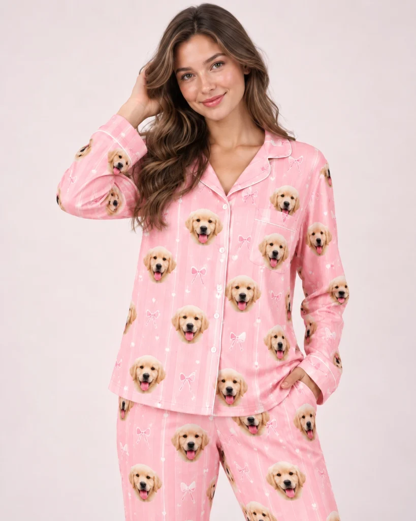 Close-up of the custom satin pajamas print: golden retriever puppy faces on pink satin with small bows — MyDogPics