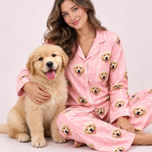 Woman in custom satin pajamas cuddling her golden retriever puppy — MyDogPics