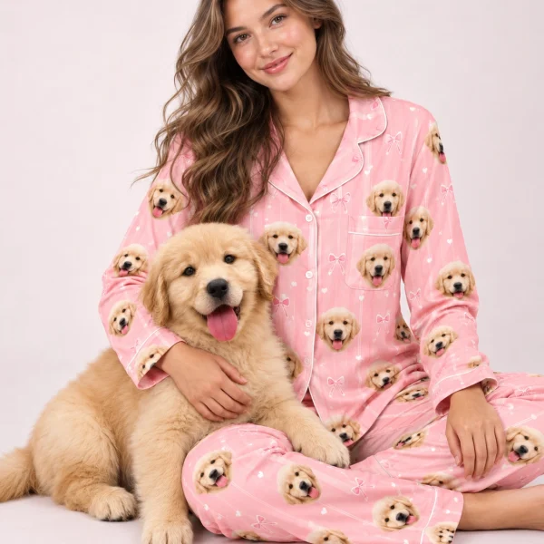 Woman in custom satin pajamas cuddling her golden retriever puppy — MyDogPics