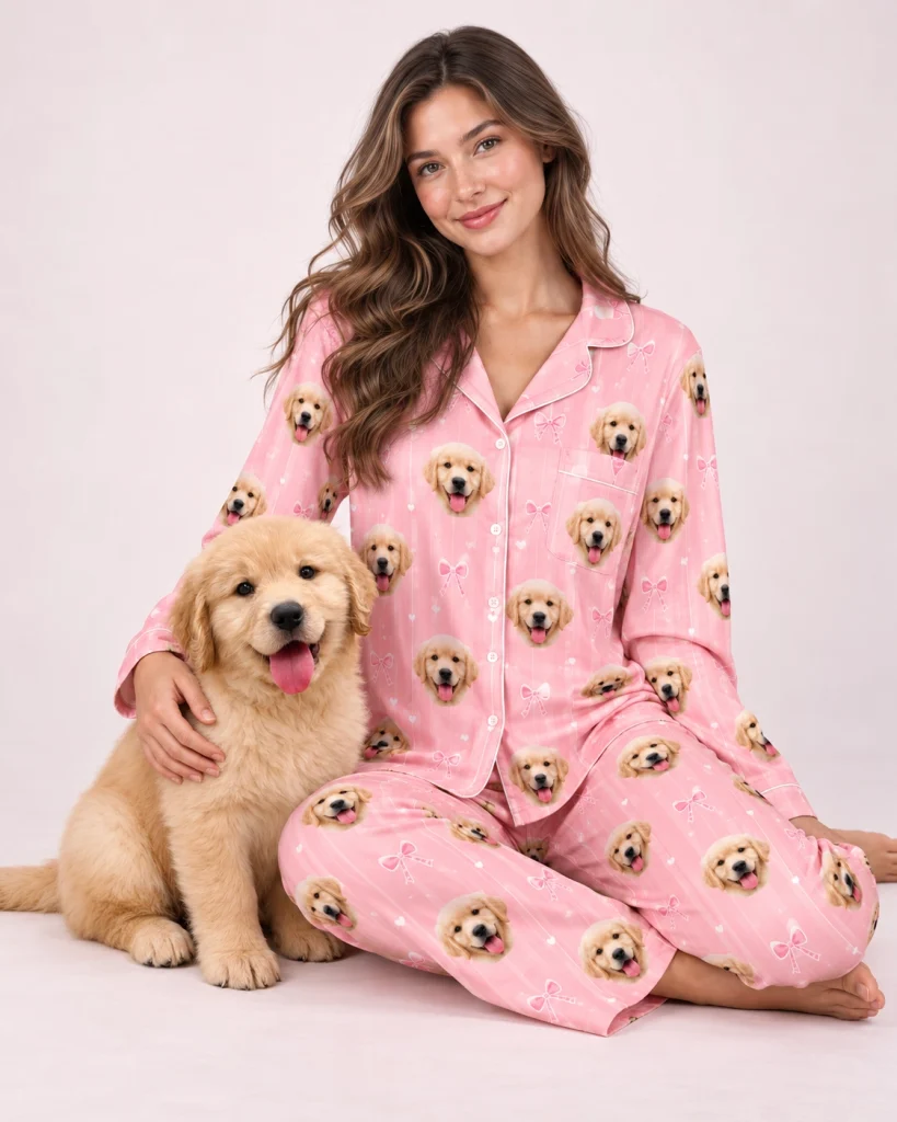 Woman in custom satin pajamas cuddling her golden retriever puppy — MyDogPics