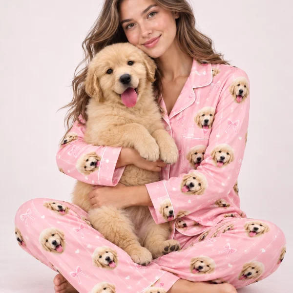 Woman in custom satin pajamas holding her golden retriever puppy — MyDogPics