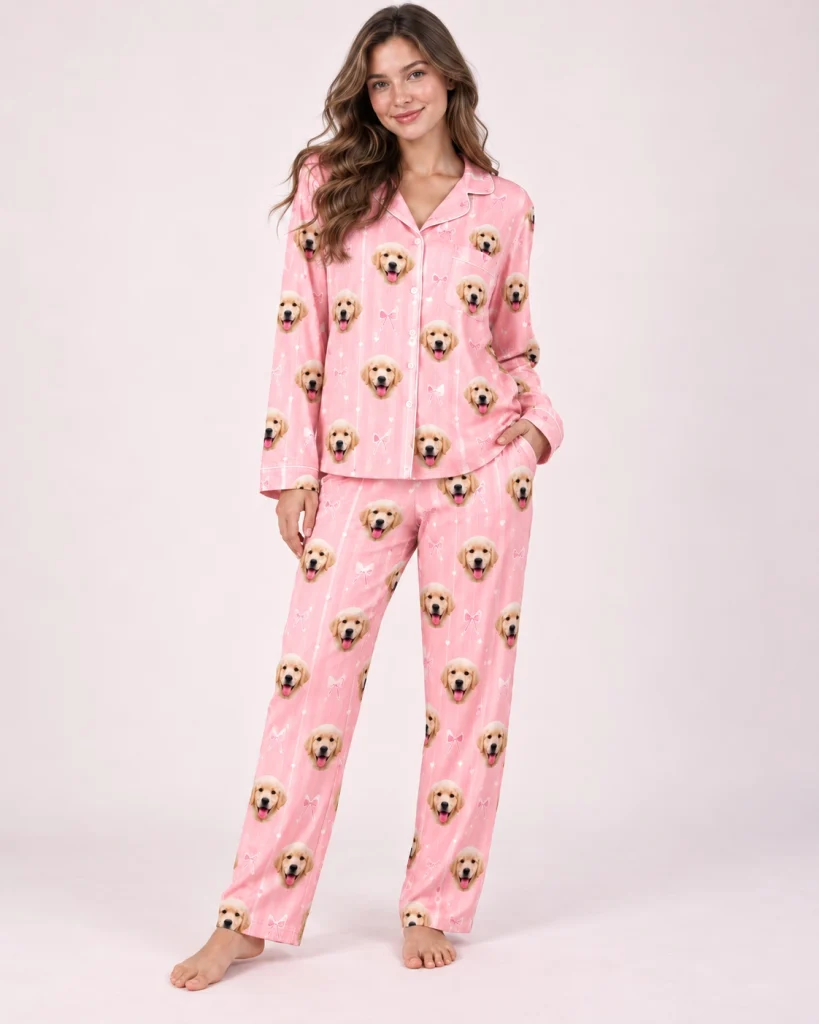 Woman posing in custom satin pajamas, golden retriever puppy faces on pink satin with small bows — MyDogPics