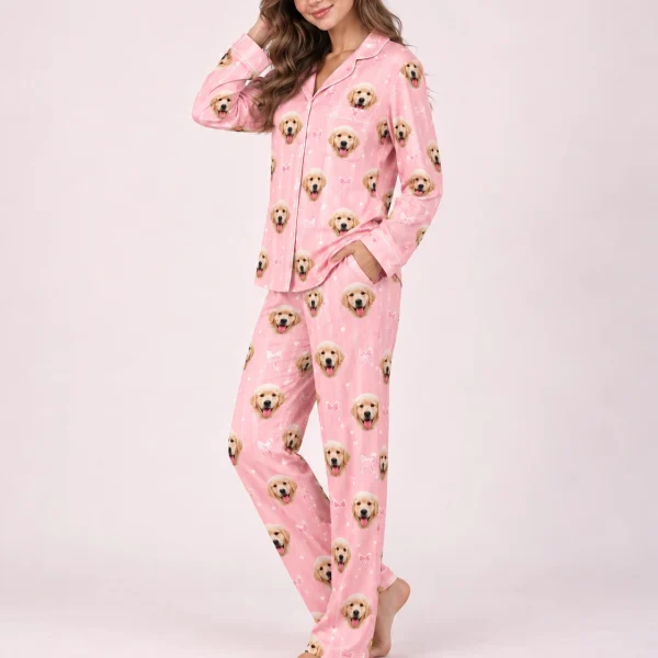 Side view of custom satin pajamas with golden retriever puppy faces on pink satin with small bows — MyDogPics