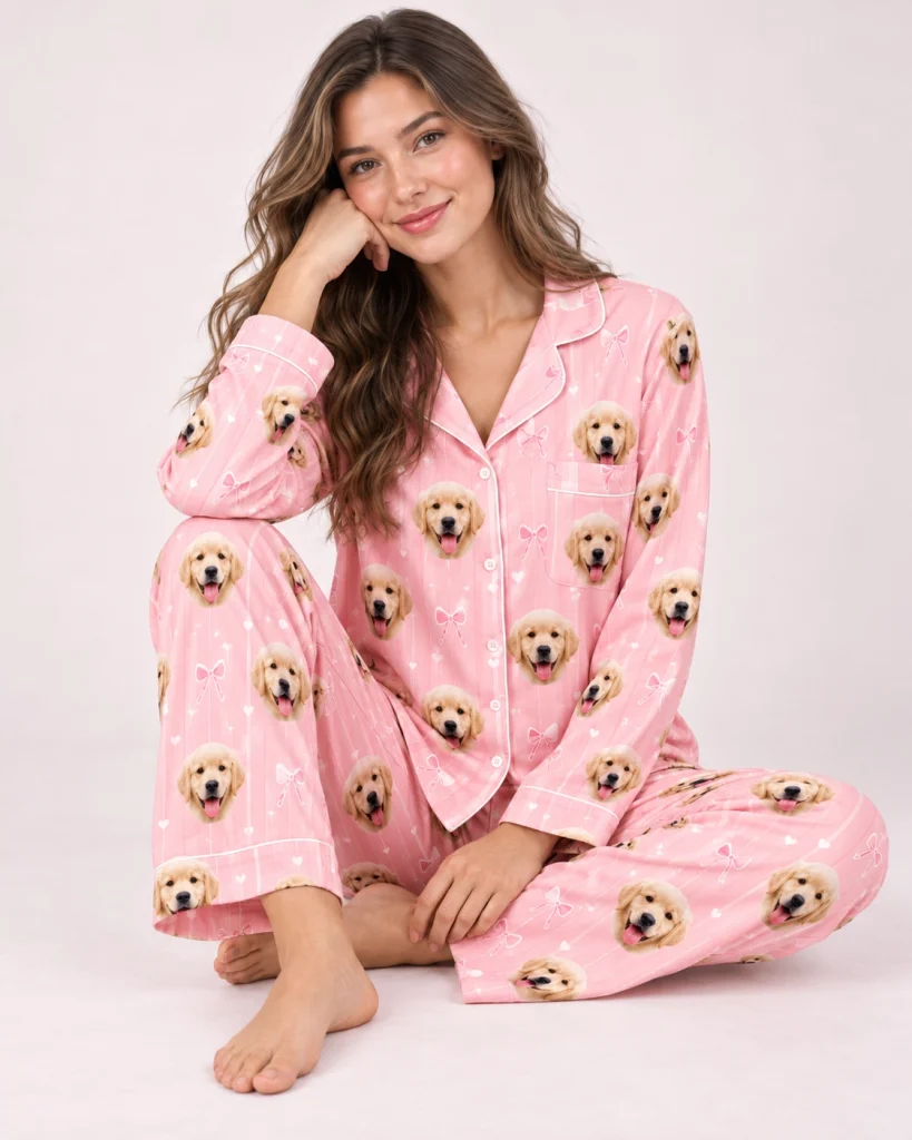 Woman sitting in custom satin pajamas covered in golden retriever puppy faces — MyDogPics