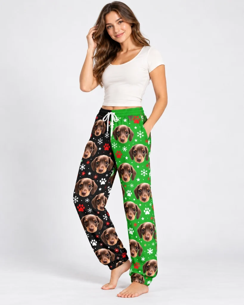 Woman posing in dachshund pajama pants, dachshund faces on a black and green snowflake print — MyDogPics