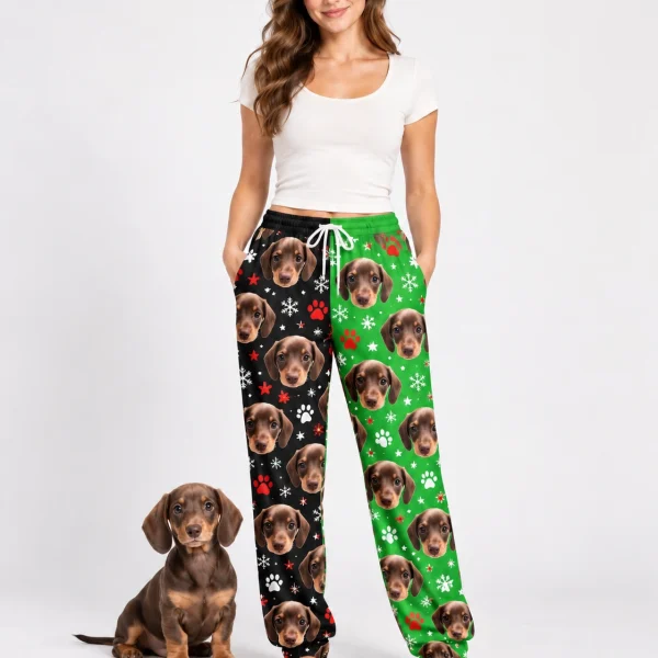 Woman in dachshund pajama pants standing next to her dachshund puppy — MyDogPics