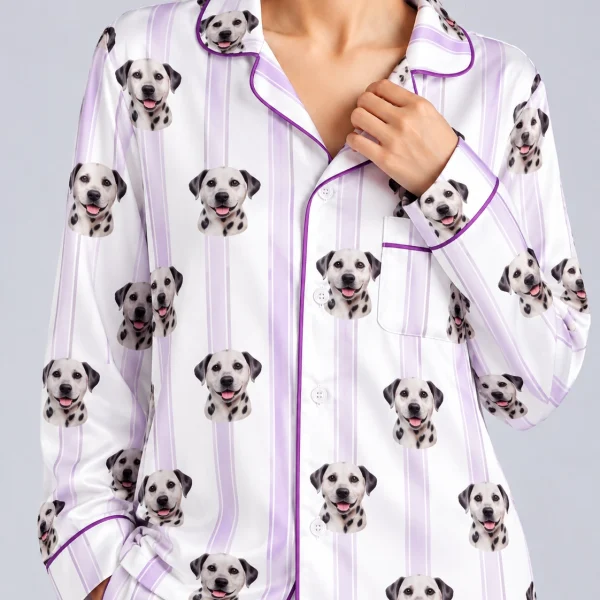 Close-up of the Dalmatian pajamas print: Dalmatian faces on white and lilac striped satin — MyDogPics