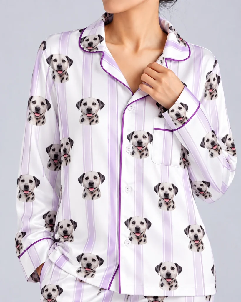 Close-up of the Dalmatian pajamas print: Dalmatian faces on white and lilac striped satin — MyDogPics