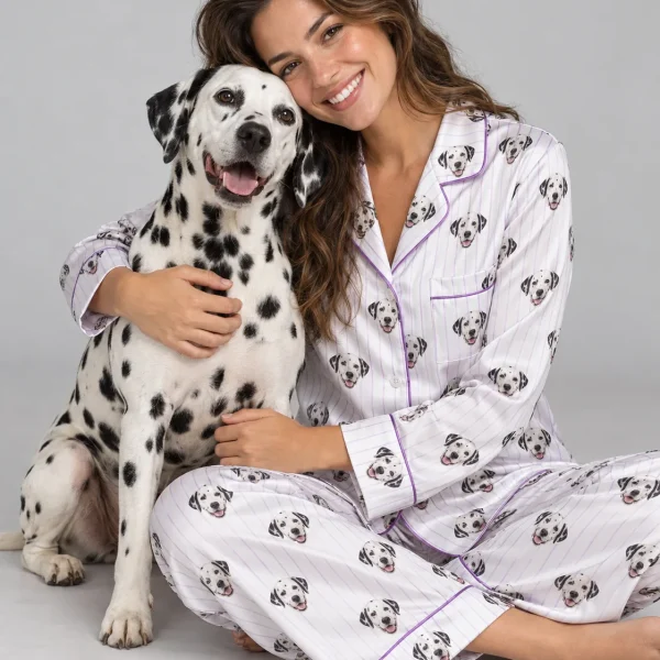 Woman in white and lilac striped Dalmatian pajamas hugging her Dalmatian — MyDogPics