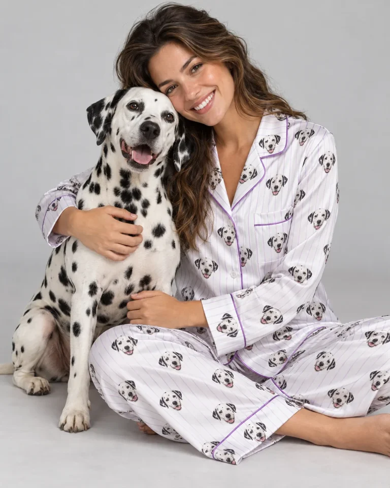 Woman in white and lilac striped Dalmatian pajamas hugging her Dalmatian — MyDogPics