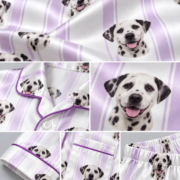 Detail views of Dalmatian pajamas: satin, piping, drawstring and pockets — MyDogPics