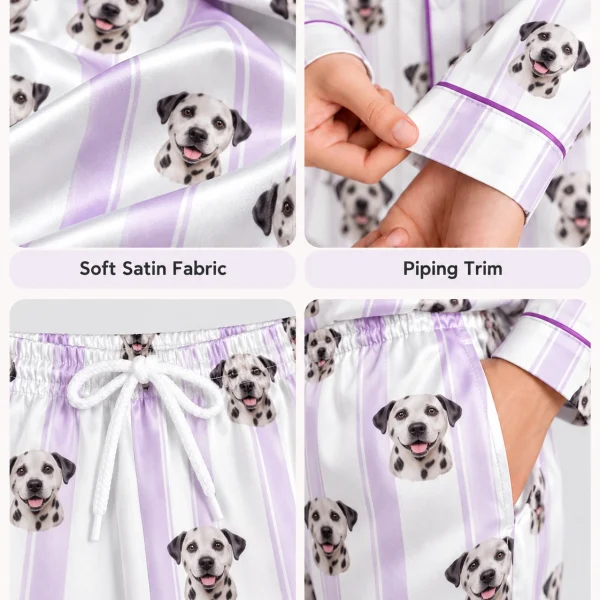 Detail views of Dalmatian pajamas: satin, piping, drawstring and pockets — MyDogPics