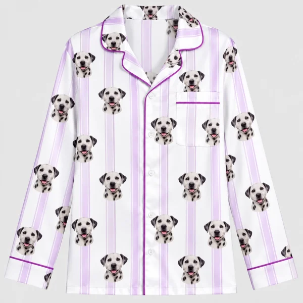 Flat lay of the Dalmatian pajamas shirt with Dalmatian faces and piping — MyDogPics