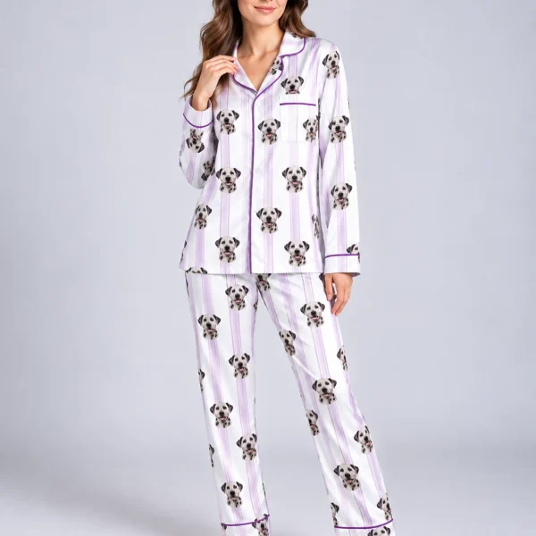 Woman wearing Dalmatian pajamas covered in Dalmatian faces on white and lilac striped satin — MyDogPics